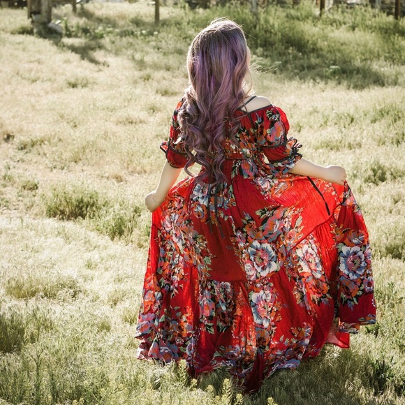 Floral Tie Waist Maxi Dress - Red - Picture 2 of 7